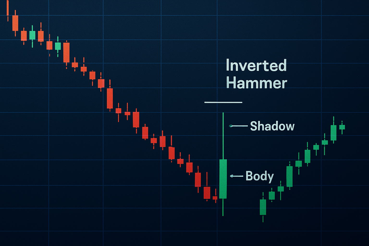 Illustration of an inverted hammer candlestick, showing its small body, long upper shadow, and minimal lower shadow after a downtrend.