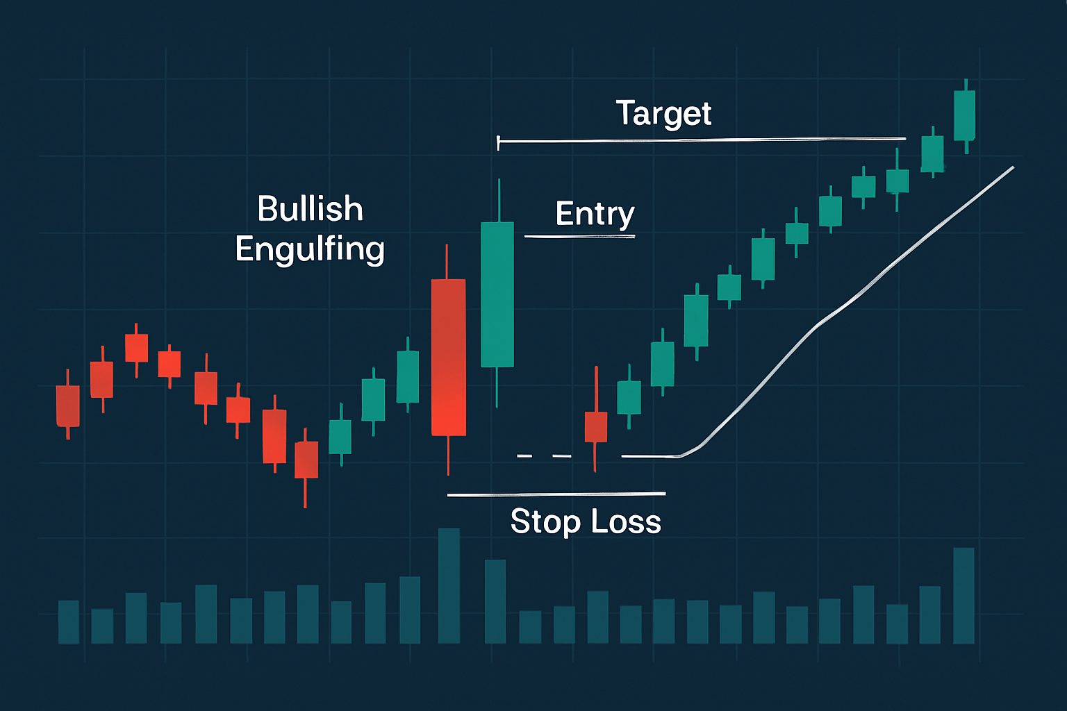 Trading setup example showing entry, stop loss, and target levels using the bullish engulfing candle pattern.
