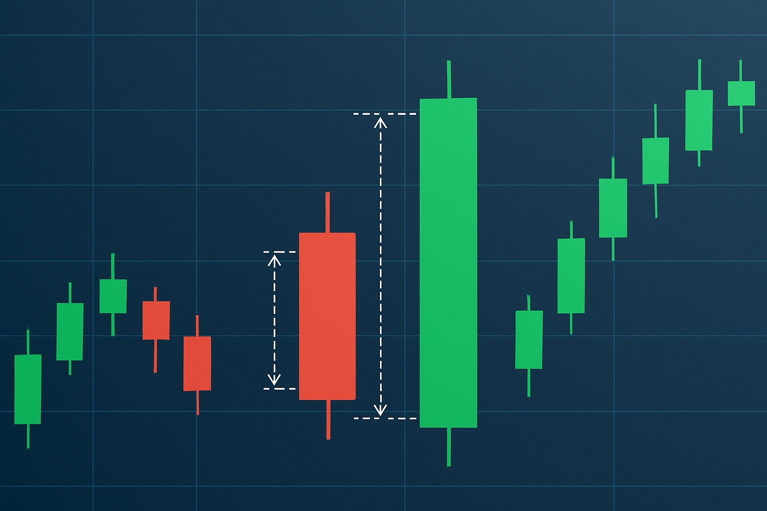 A chart illustration of the bullish engulfing candle showing the larger bullish candle engulfing the smaller bearish candle body.