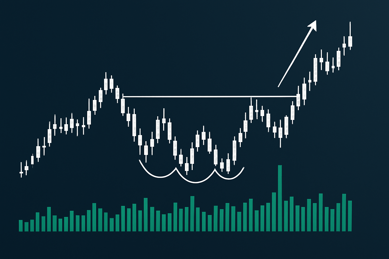 Case study chart illustrating a triple bottom pattern leading to a confirmed bullish breakout with supporting volume data.