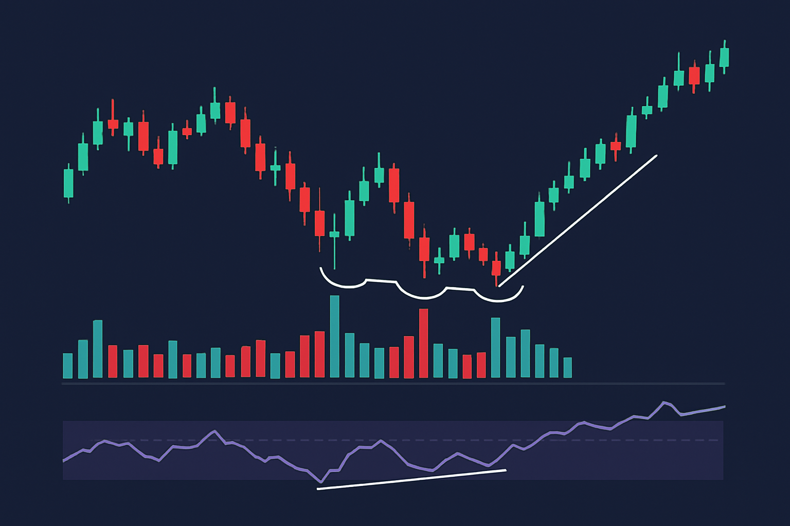 An example of triple bottom pattern confirmed by volume spikes and supporting technical indicators like RSI divergence.