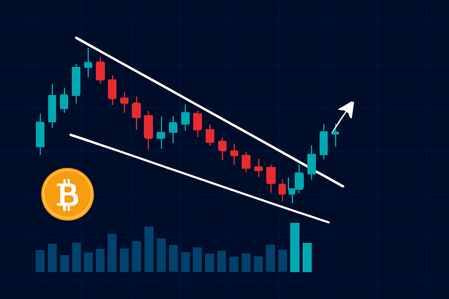 Chart illustrating a descending wedge pattern with trend lines converging and breakout confirmation.