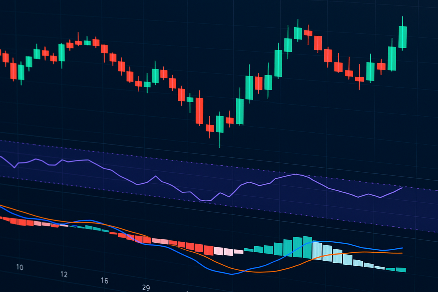 Example chart showing hammer candle confirmed by RSI oversold bounce and MACD bullish crossover.
