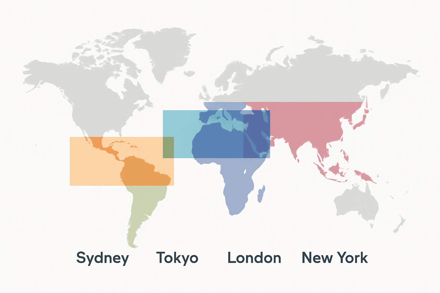 Visual world map showing forex trading sessions and overlaps by time zones around the globe