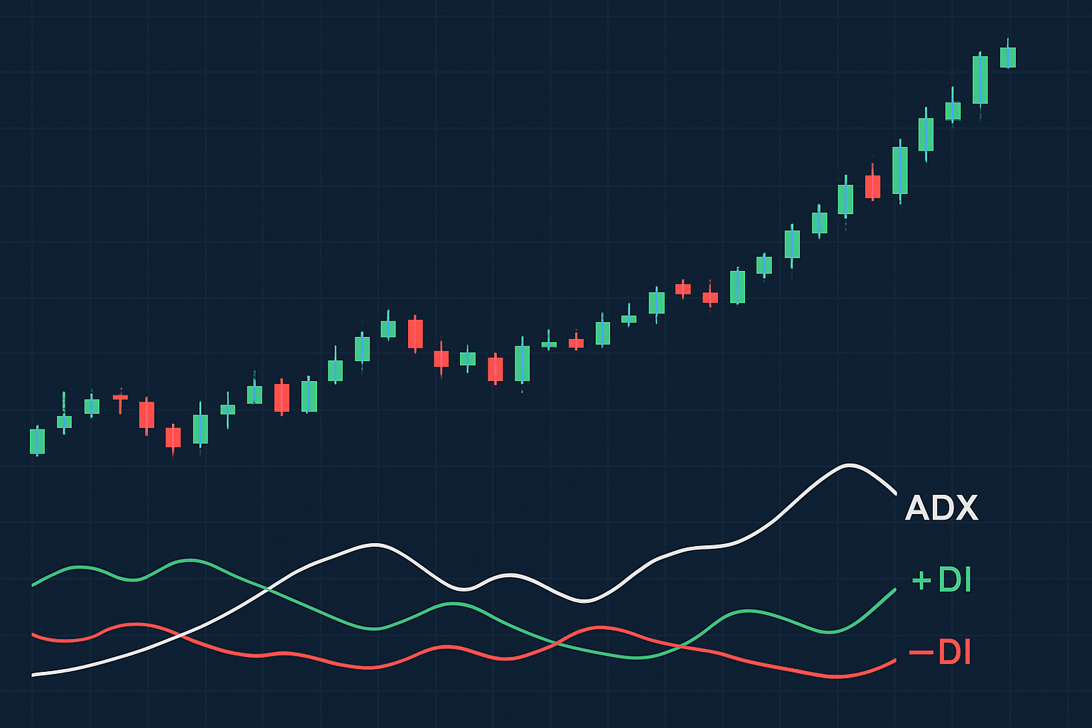 Illustration of ADX indicator applied on a price chart showing trend identification using DI+ and DI- lines.