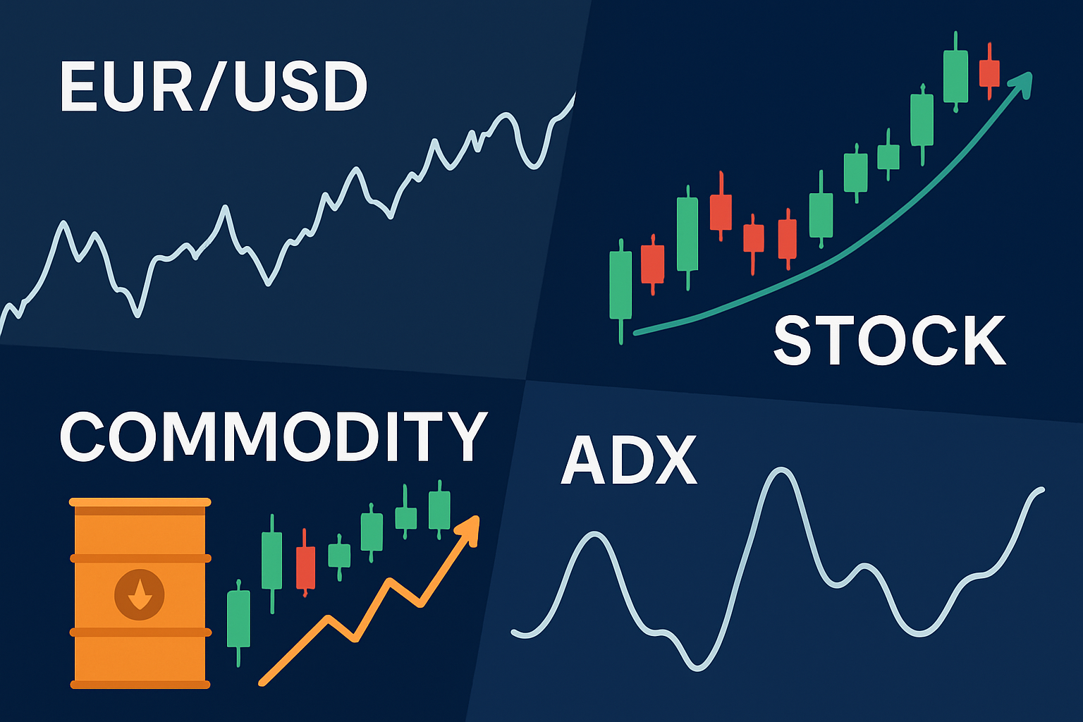 Composite image showing ADX usage across various markets including forex, stock, and commodities.