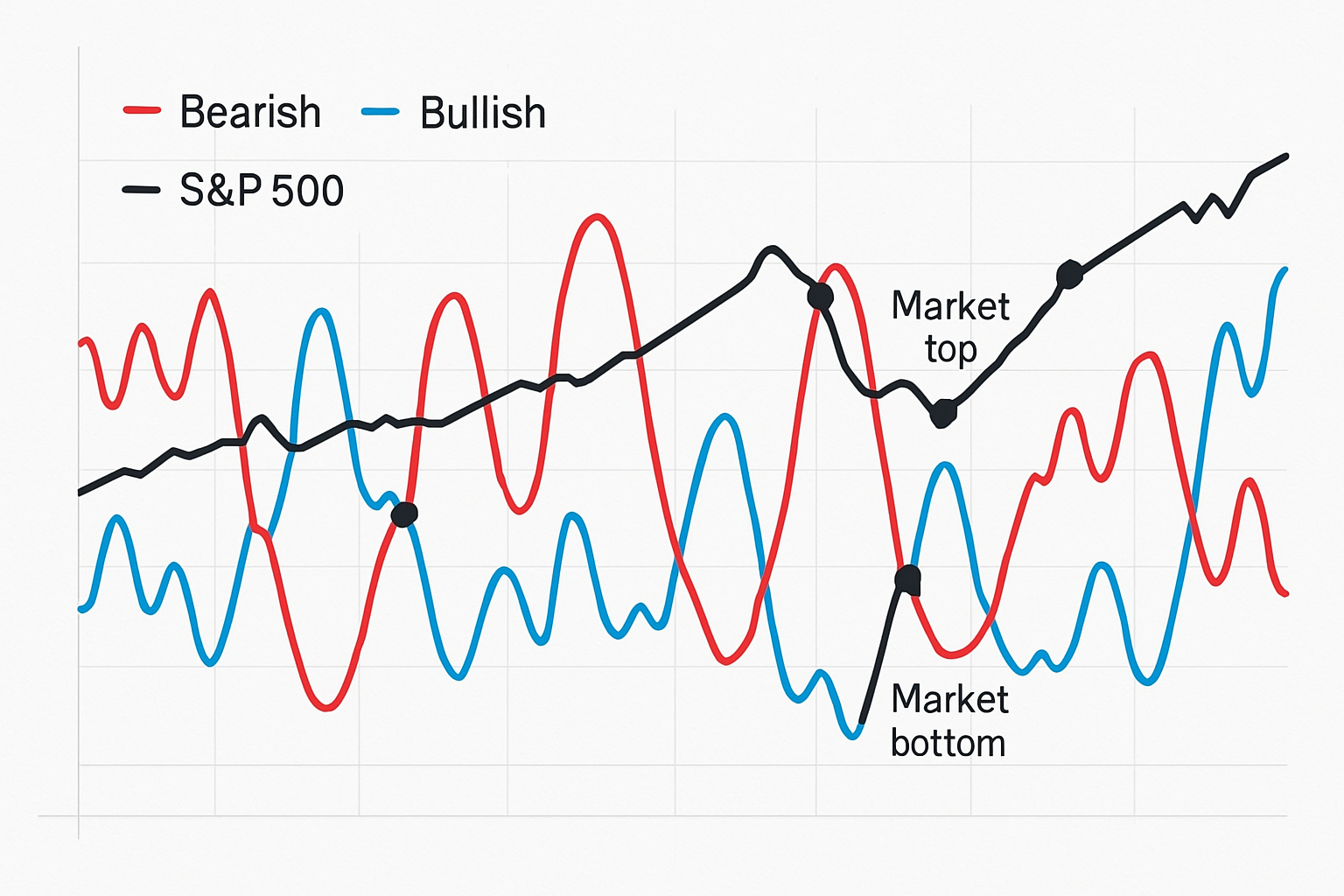 Visual chart example of AAII Sentiment Survey data overlaid with S&P 500 market movements illustrating contrarian signals