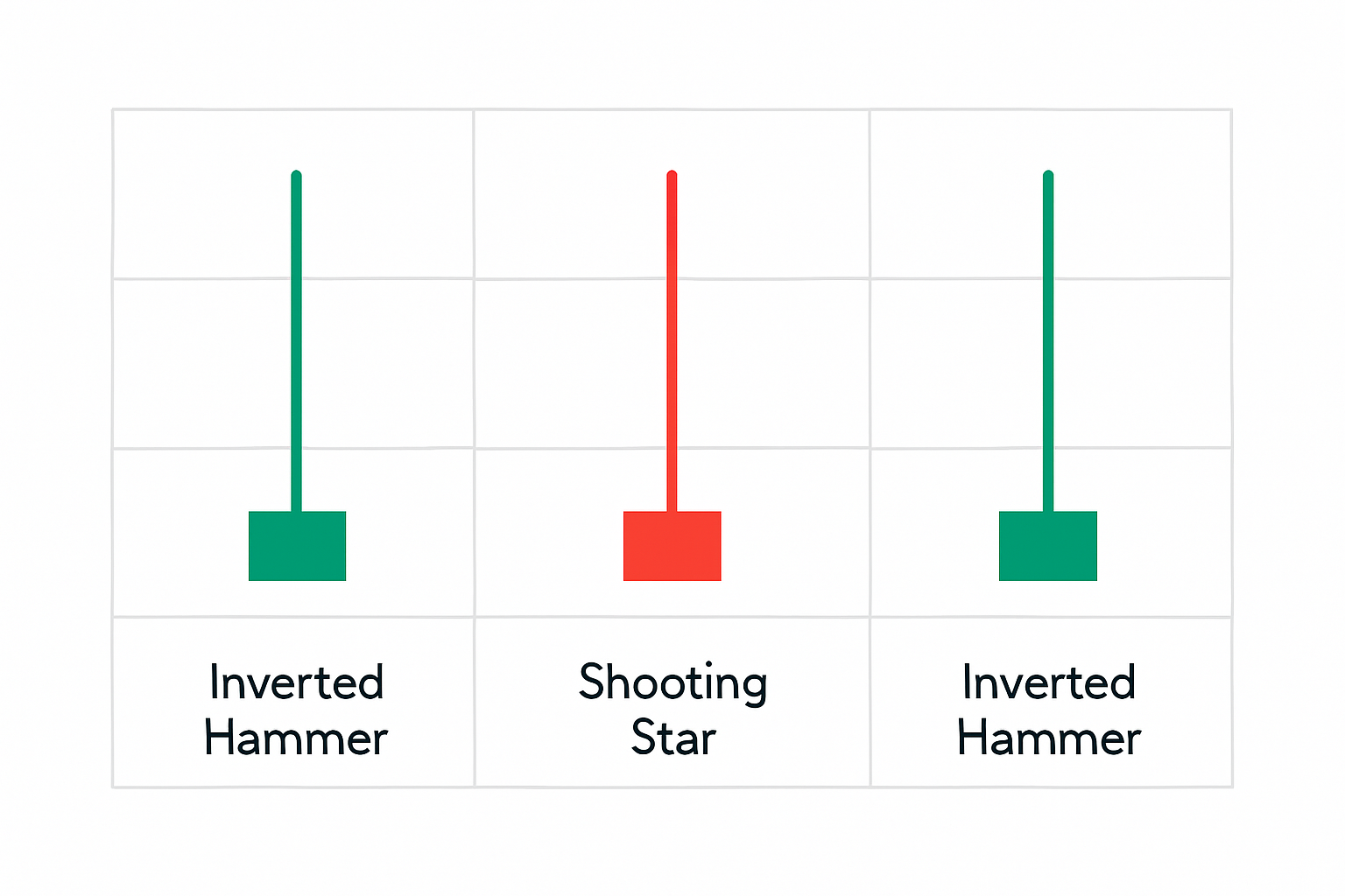 Side-by-side candlestick comparisons to help distinguish the upside down hammer from similar patterns