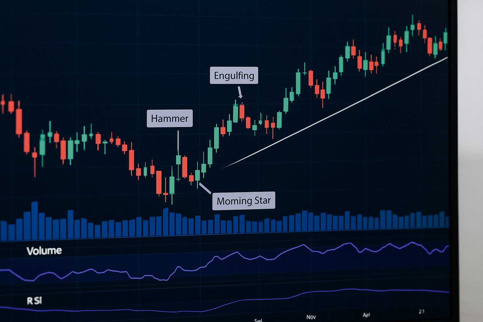 Example of a candlestick chart with annotated patterns and volume indicators for practical trading insights.