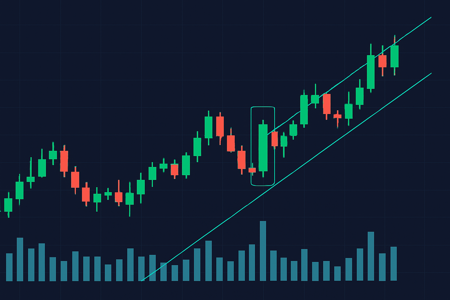 Visual example of a bullish engulfing candlestick pattern appearing after a downtrend with volume confirmation.