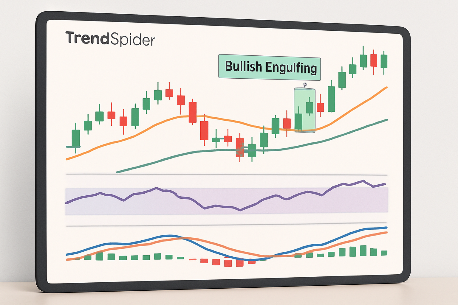 Example of TrendSpider technical indicators combined with bullish engulfing pattern for advanced trade analysis.