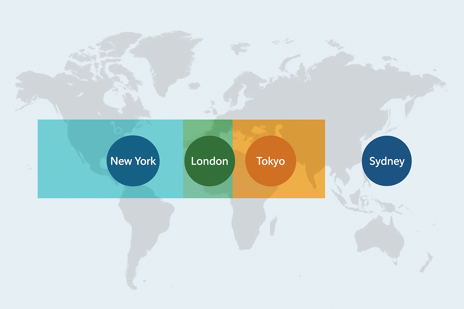 A world map indicating Forex trading sessions with local times and global time zone overlays.