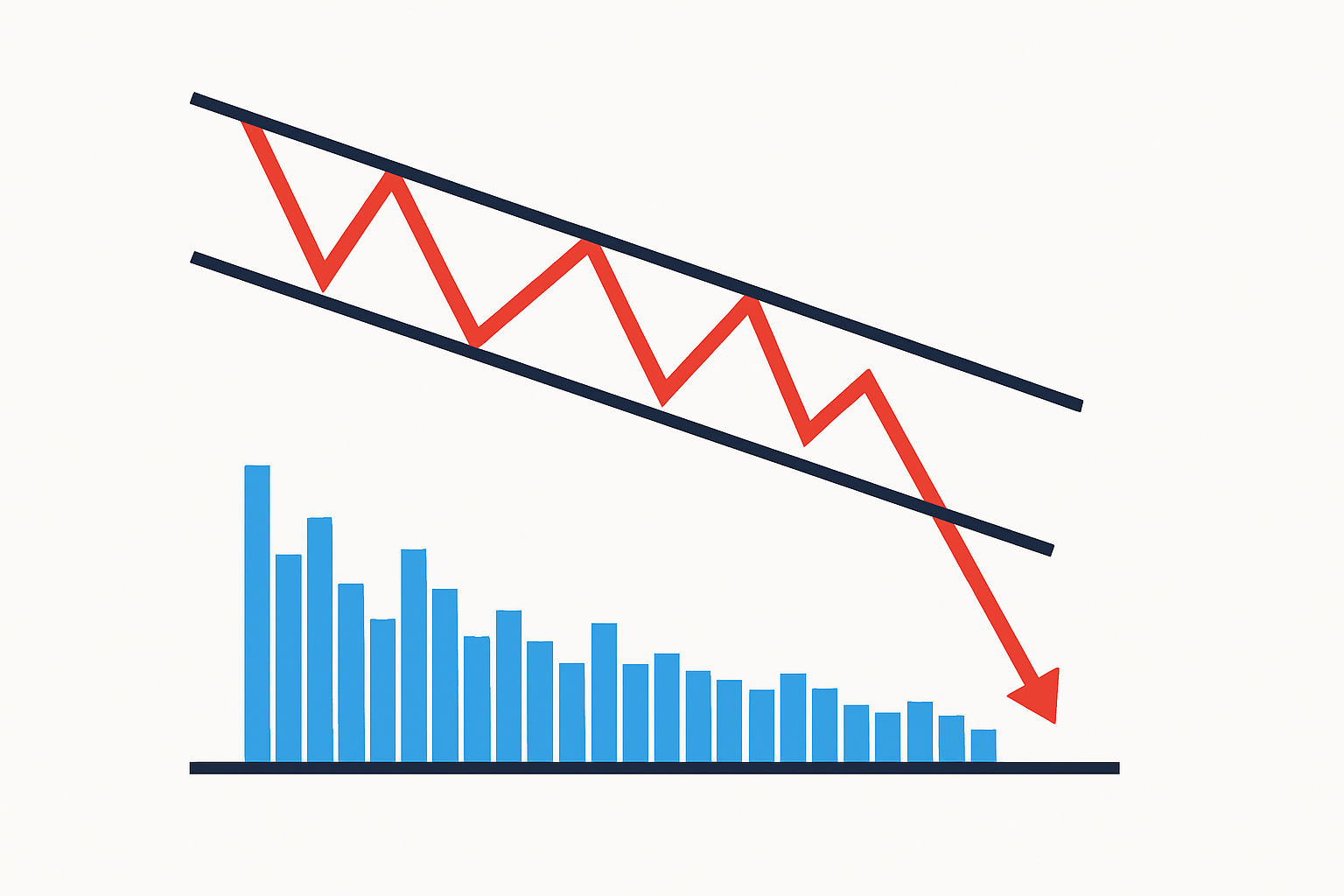 Visual of a falling wedge pattern highlighting converging downtrend lines accompanied by reducing trading volume.