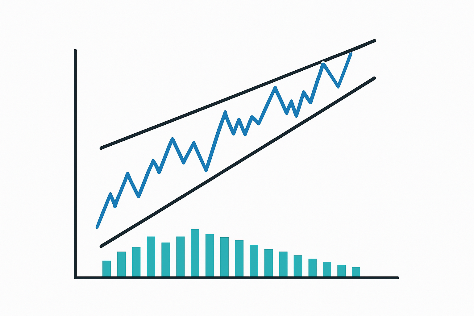 Chart illustration showing a confirmed rising wedge pattern with volume declining as price converges upwards.