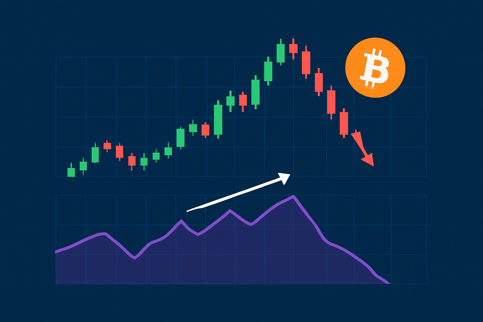 A historical Bitcoin price chart highlighting bearish divergence where RSI fails to reach new highs while price makes higher peaks, preceding a market correction.
