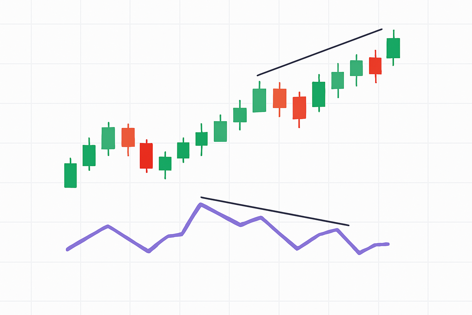 Example candlestick chart displays price reaching higher highs while RSI momentum indicator forms lower highs, clearly illustrating bearish divergence in a real trading scenario.