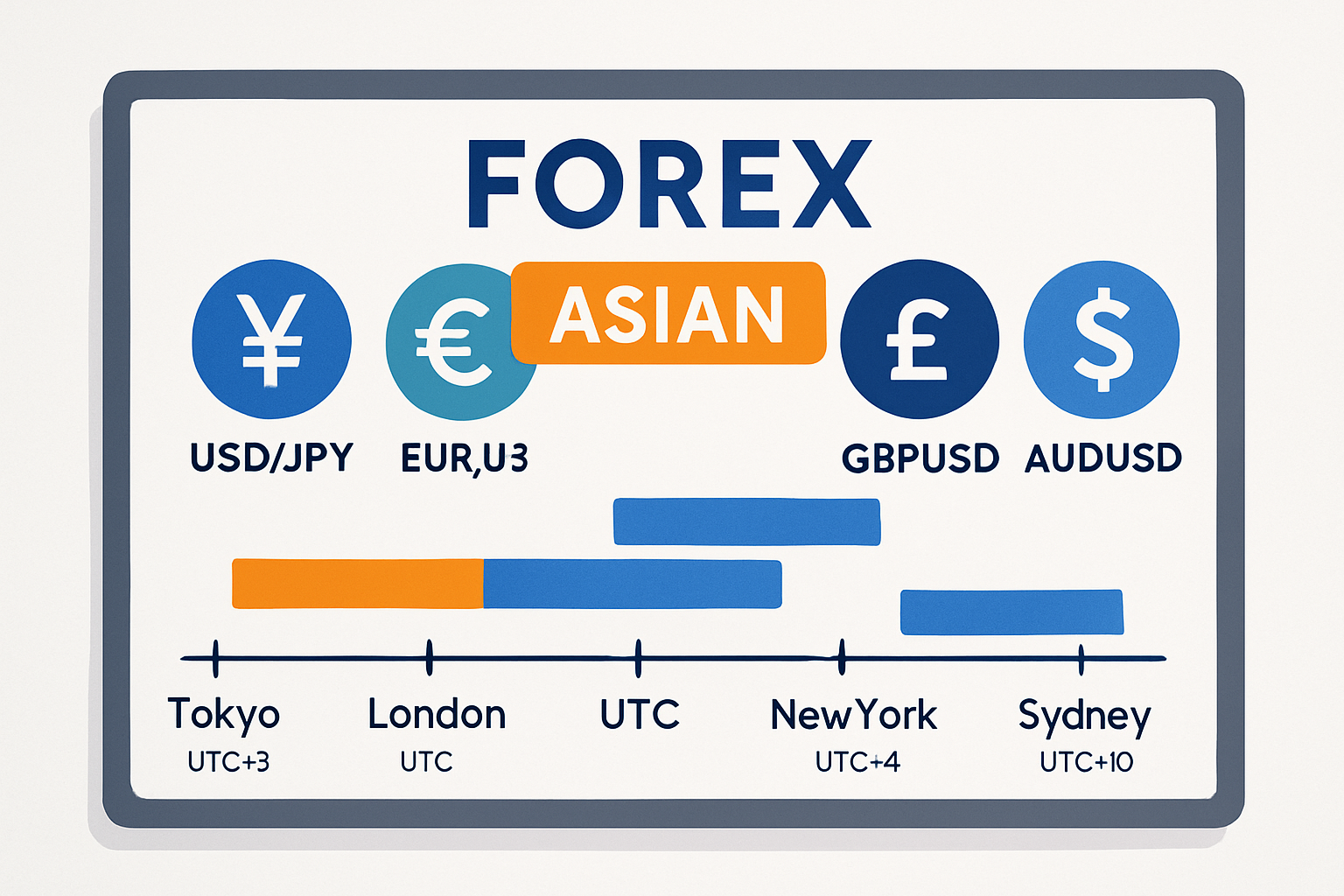 Chart illustrating Asian Hours within the 24-hour forex market, showing key currency pairs and major financial centers.