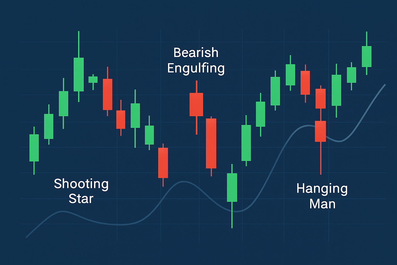 Visual representation of common bearish reversal candlestick patterns appearing at the top of an uptrend on a trading chart.