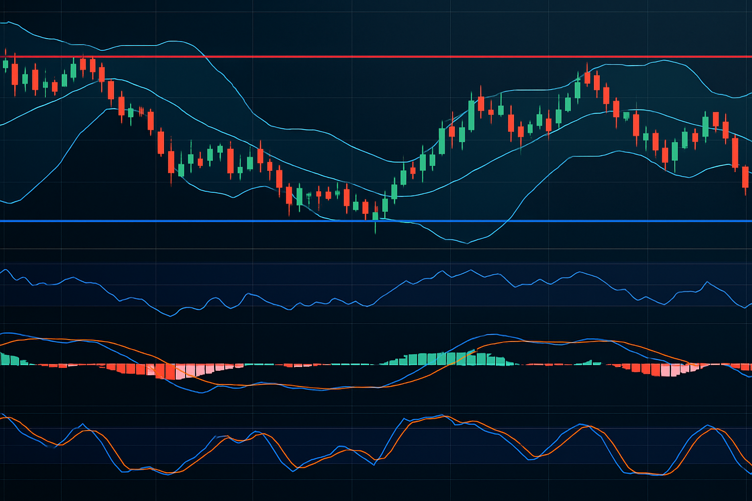 A detailed trading chart showing support and resistance levels combined with multiple technical indicators.