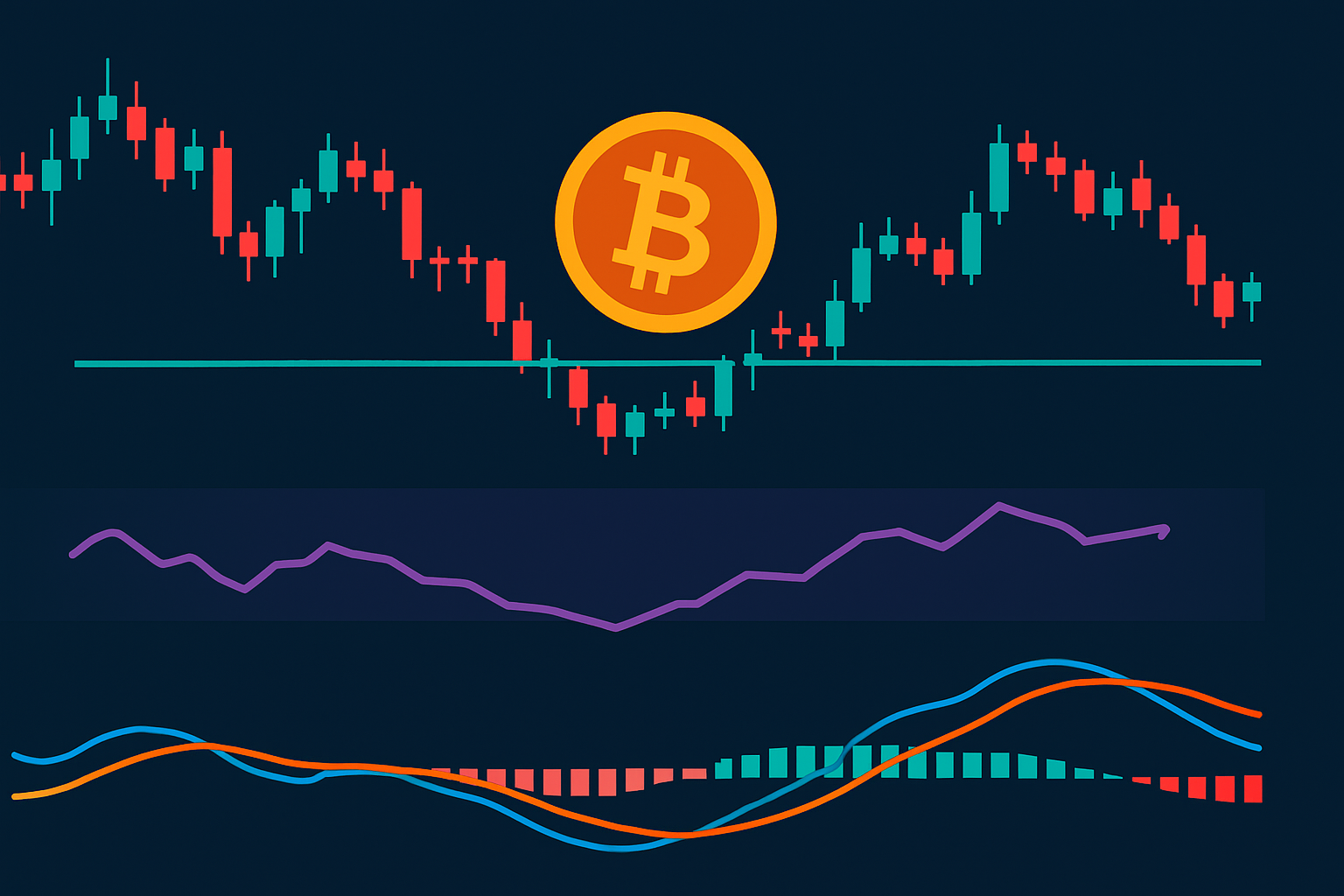 Example of Bitcoin price chart with support level tested and combined RSI and MACD signals.