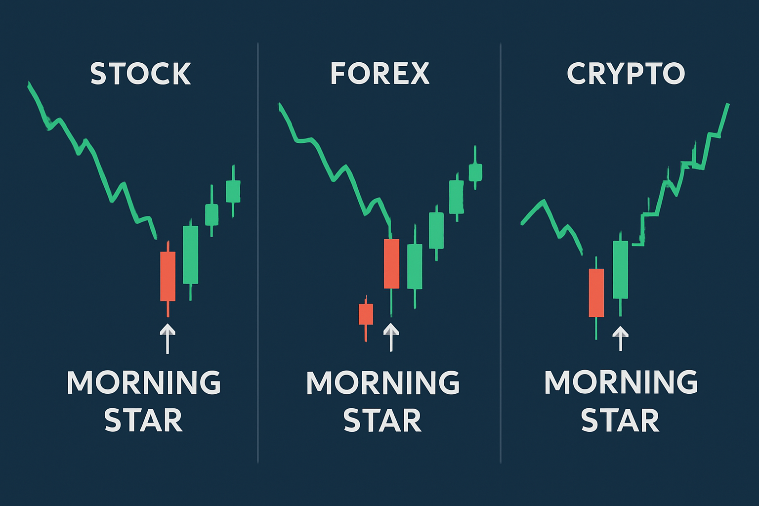 Comparative visual examples of morning star candle patterns across stock, forex, and cryptocurrency markets.