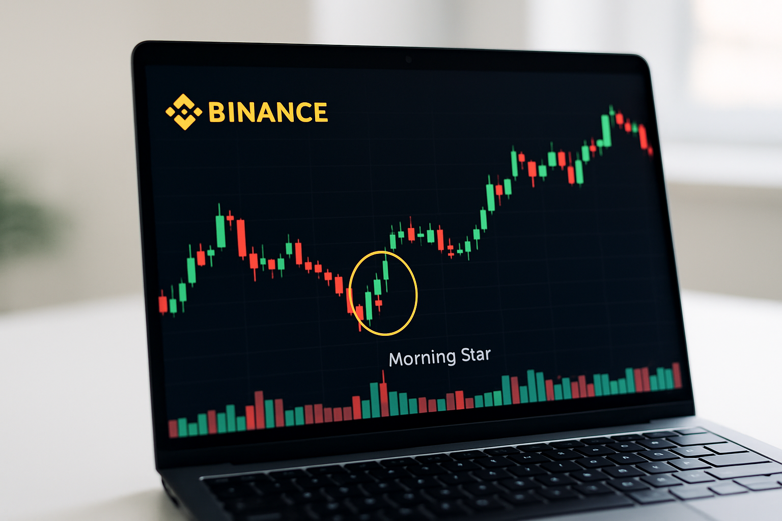 Example of a morning star candle occurring on a live Binance trading platform chart with volume confirmation.