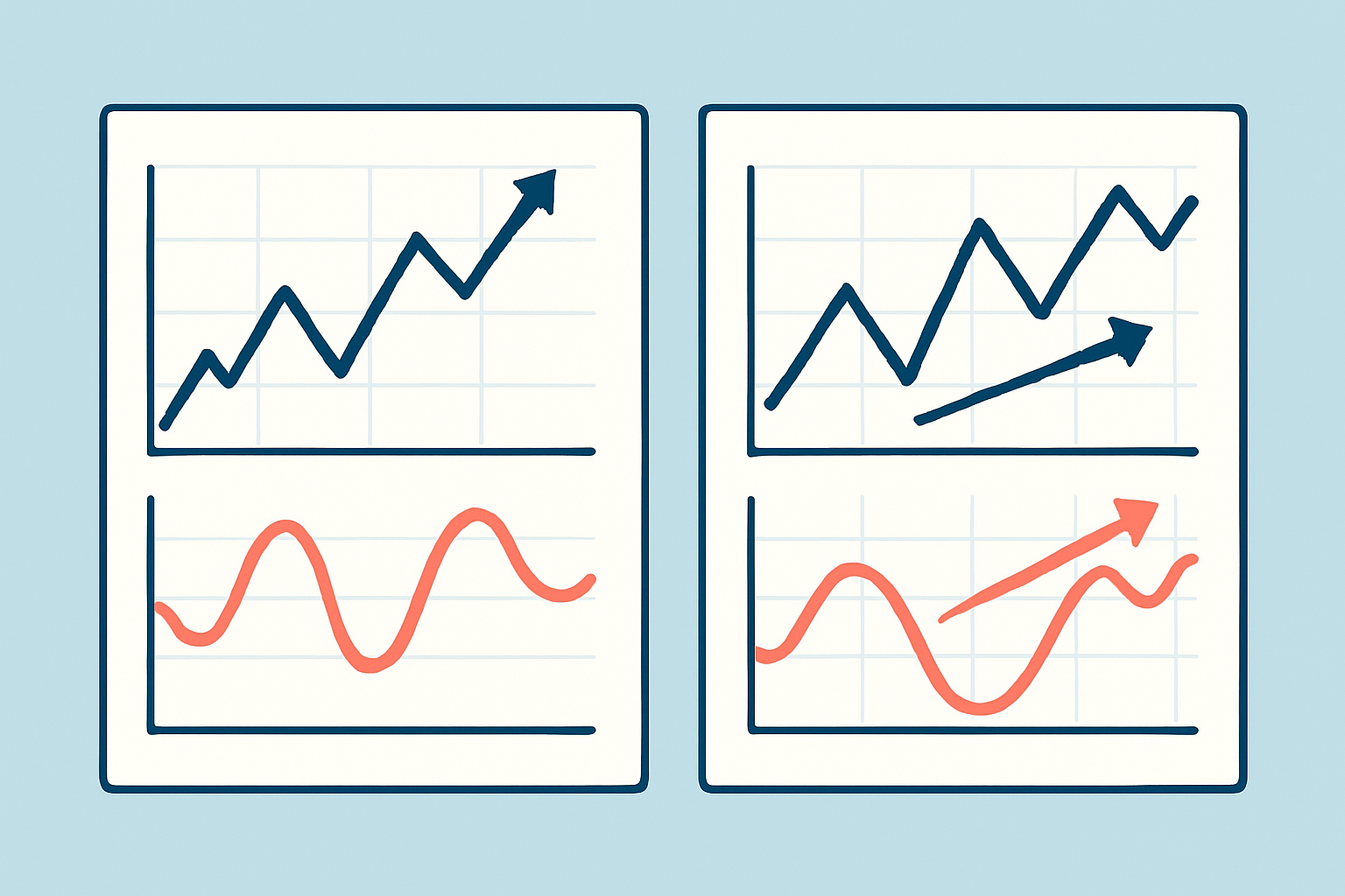 Side-by-side charts illustrating momentum shifts detected by the Relative Vigor Index with annotations