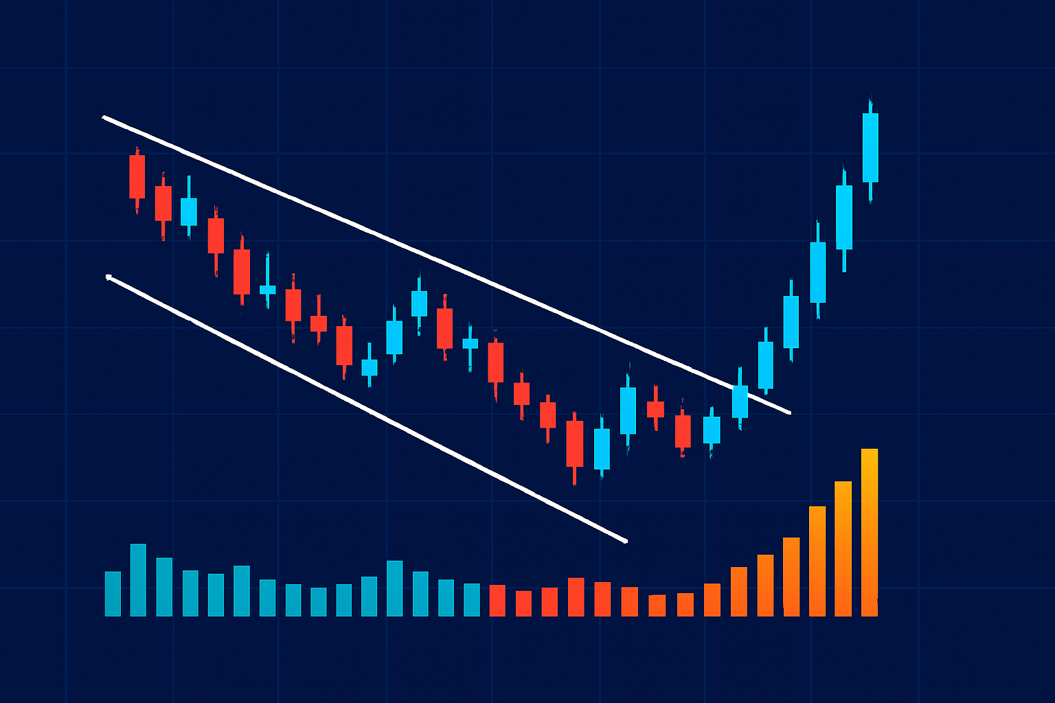 Descending wedge pattern shown on a stock price chart with converging trendlines and volume behavior