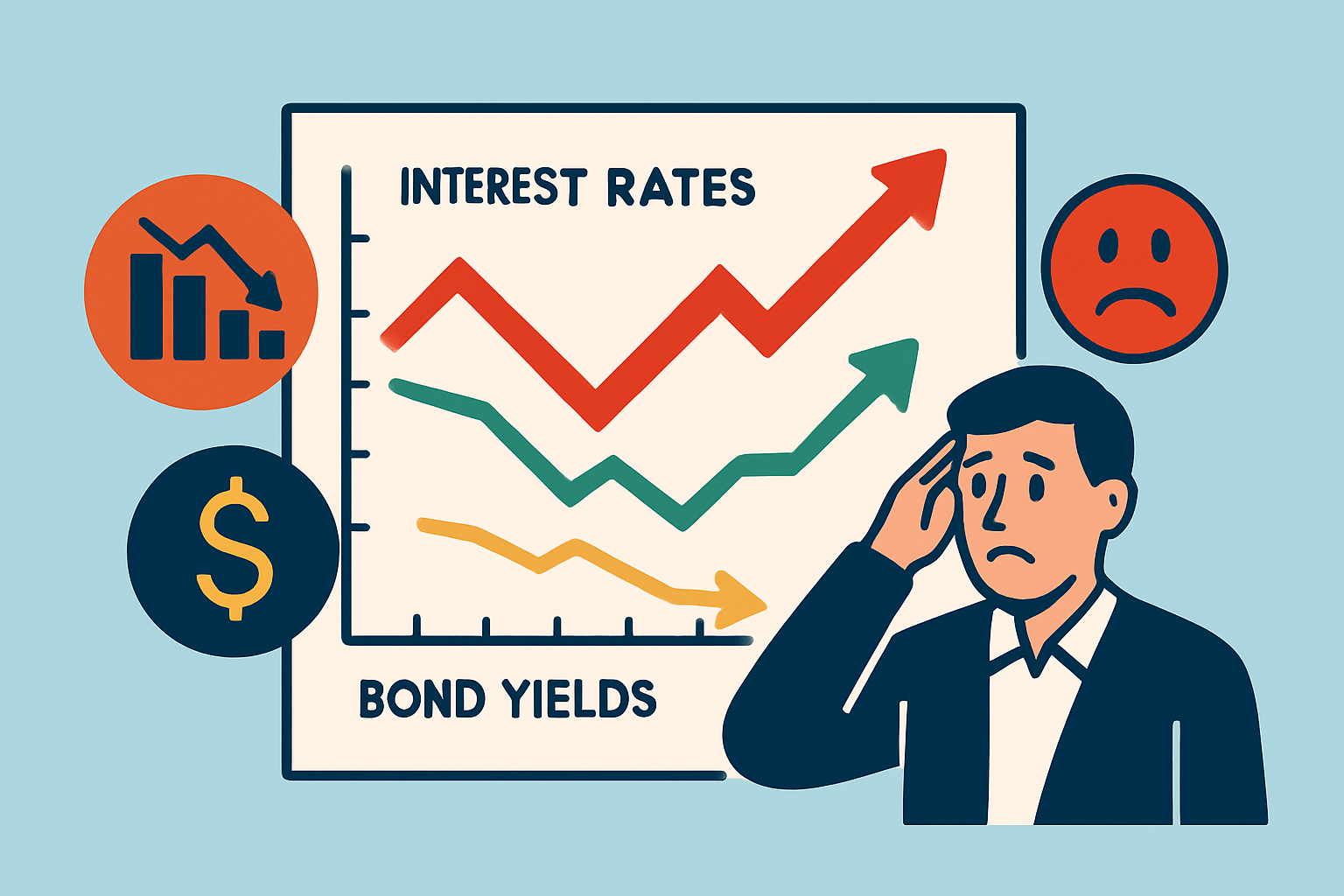 Visual representation of how hawkish monetary policy influences bond yields, stock valuations, and investor behavior.