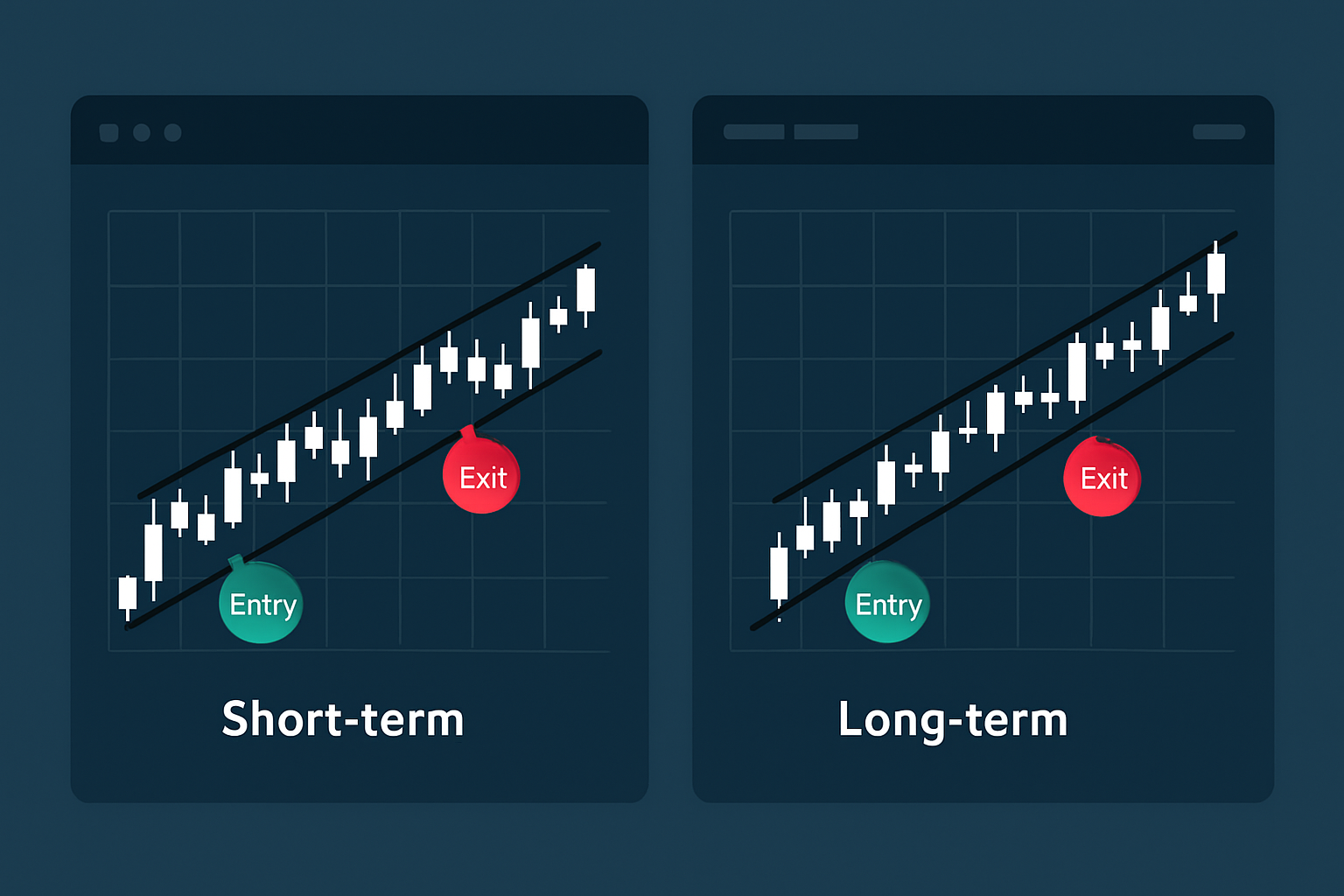 Side-by-side view of ascending wedge use in short-term day trading versus longer-term investment strategies.