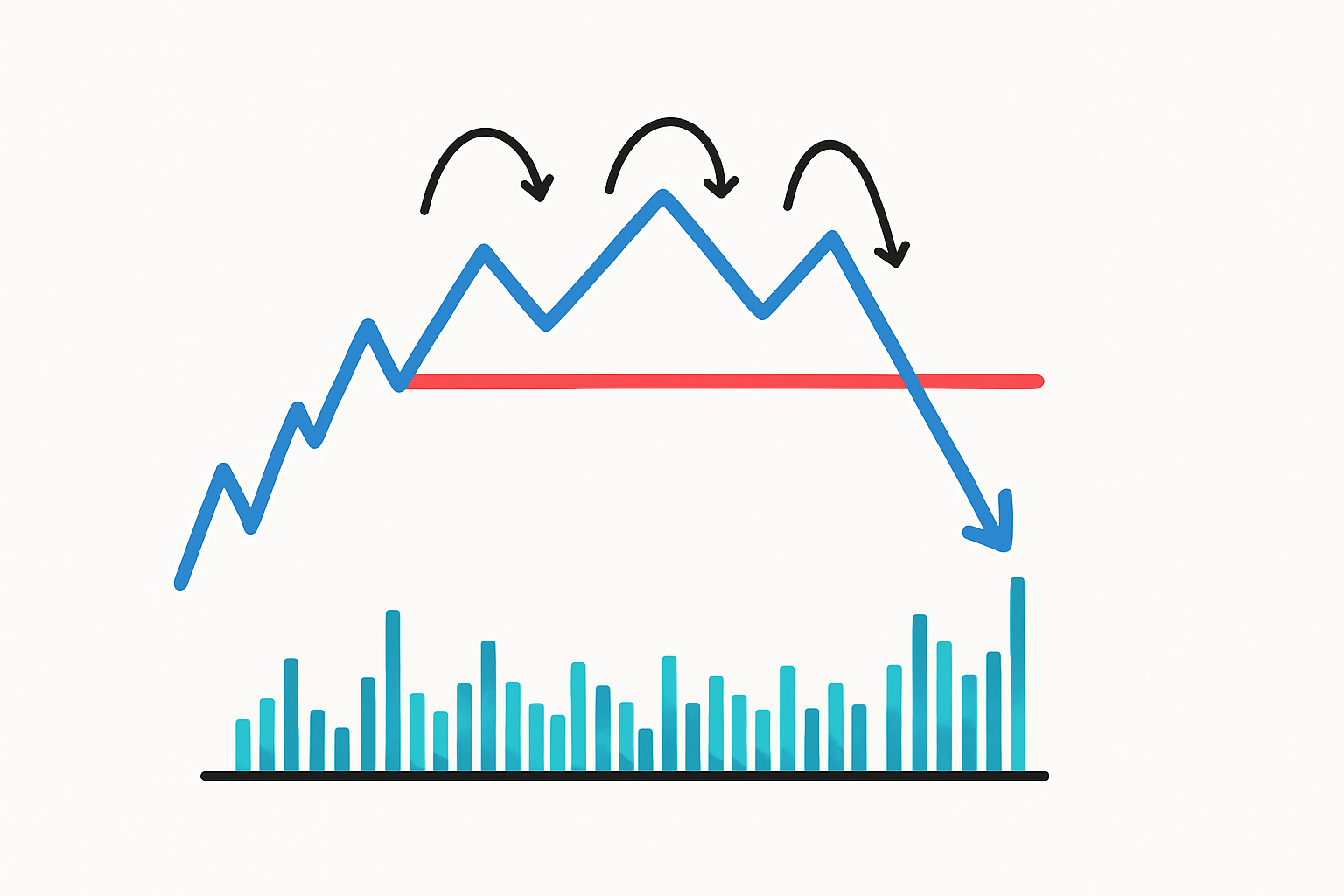 Detailed chart marking each step in spotting a triple top pattern with volume and breakout confirmation