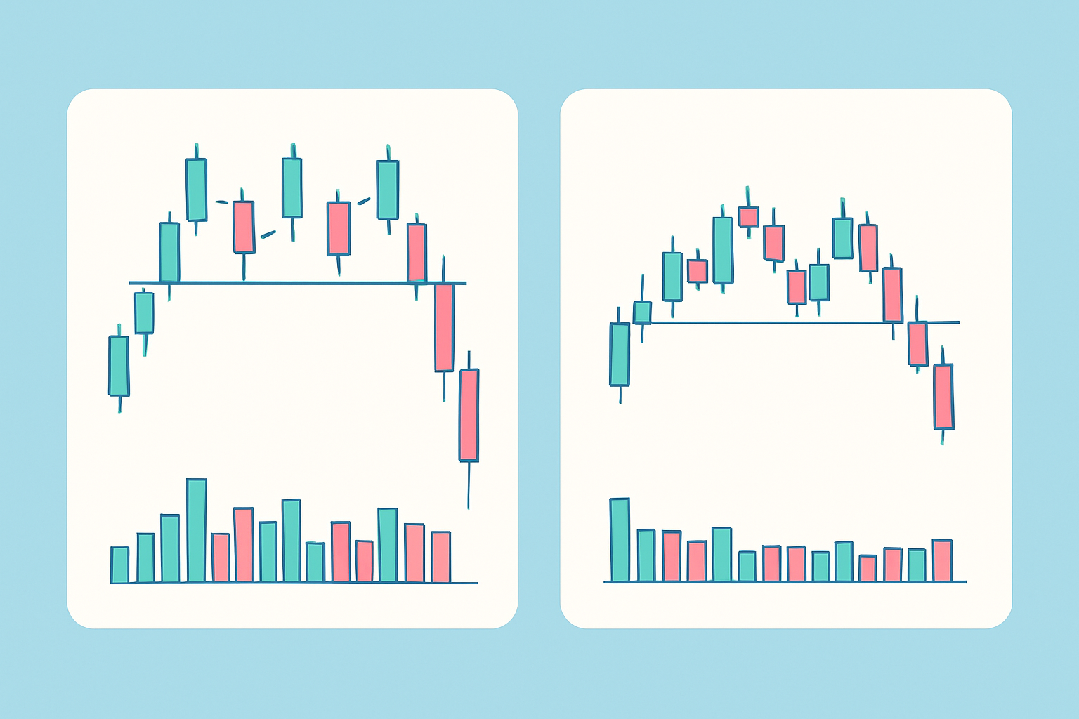 Comparison of a valid triple top pattern versus a false signal with key annotations