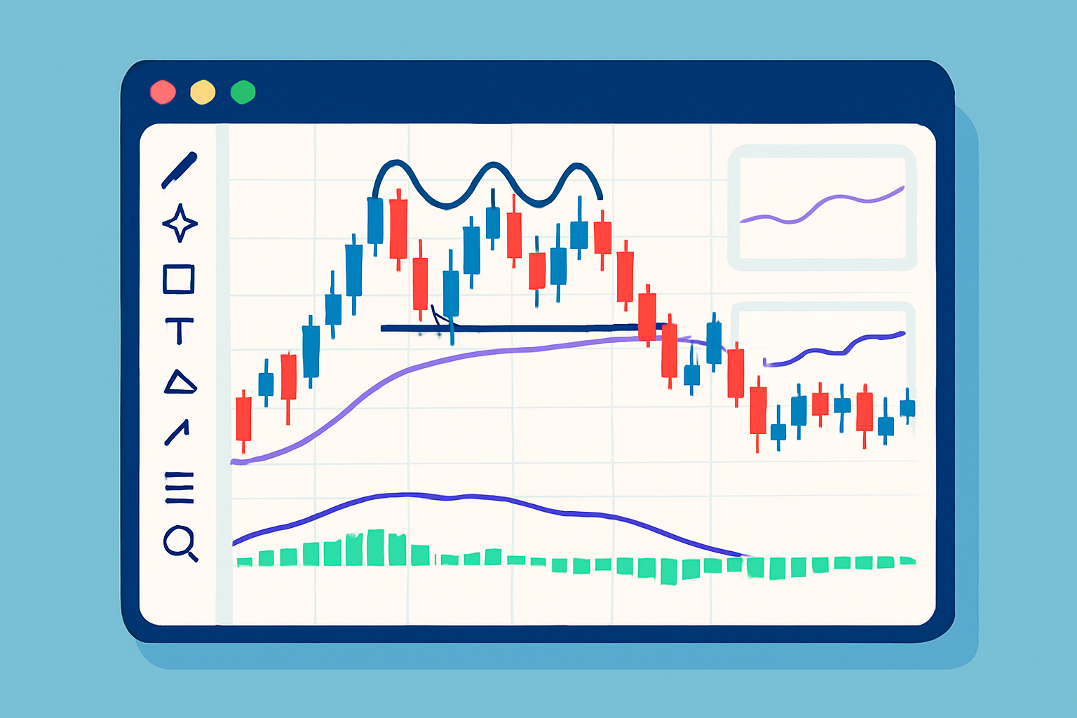 Charting platform demonstrating triple top pattern validation with volume and oscillator indicators