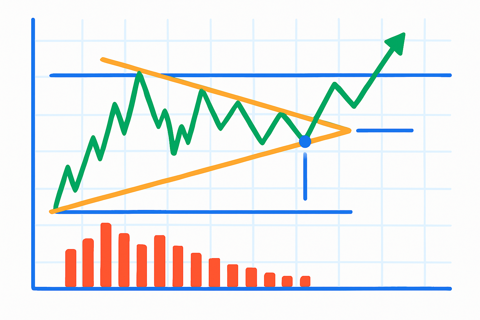 Annotated TradingView chart showing a real symmetrical triangle pattern with breakout signals