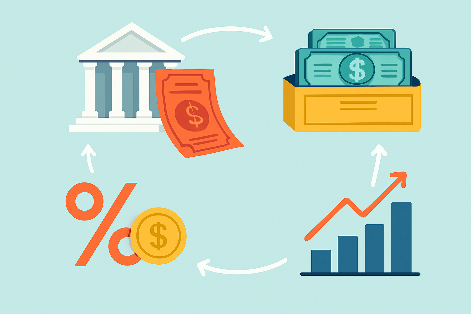 Visual diagram illustrating the quantitative easing cycle showing central bank actions, bank reserves changes, and economic impact