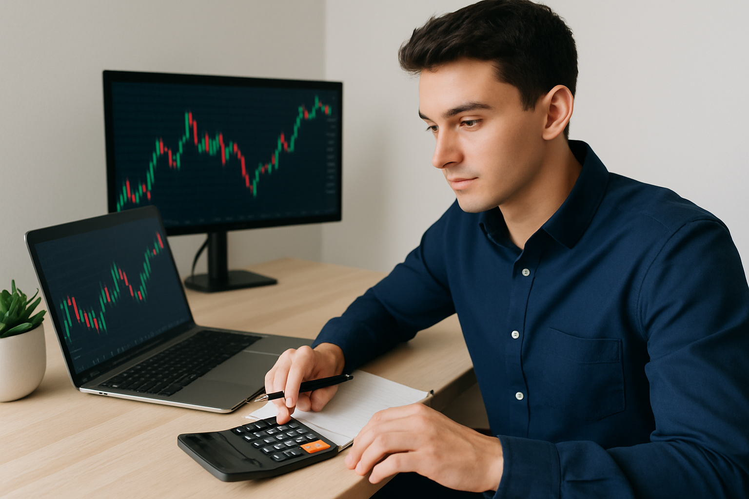 A beginner Forex trader thoughtfully calculating lot size while reviewing charts on a laptop.