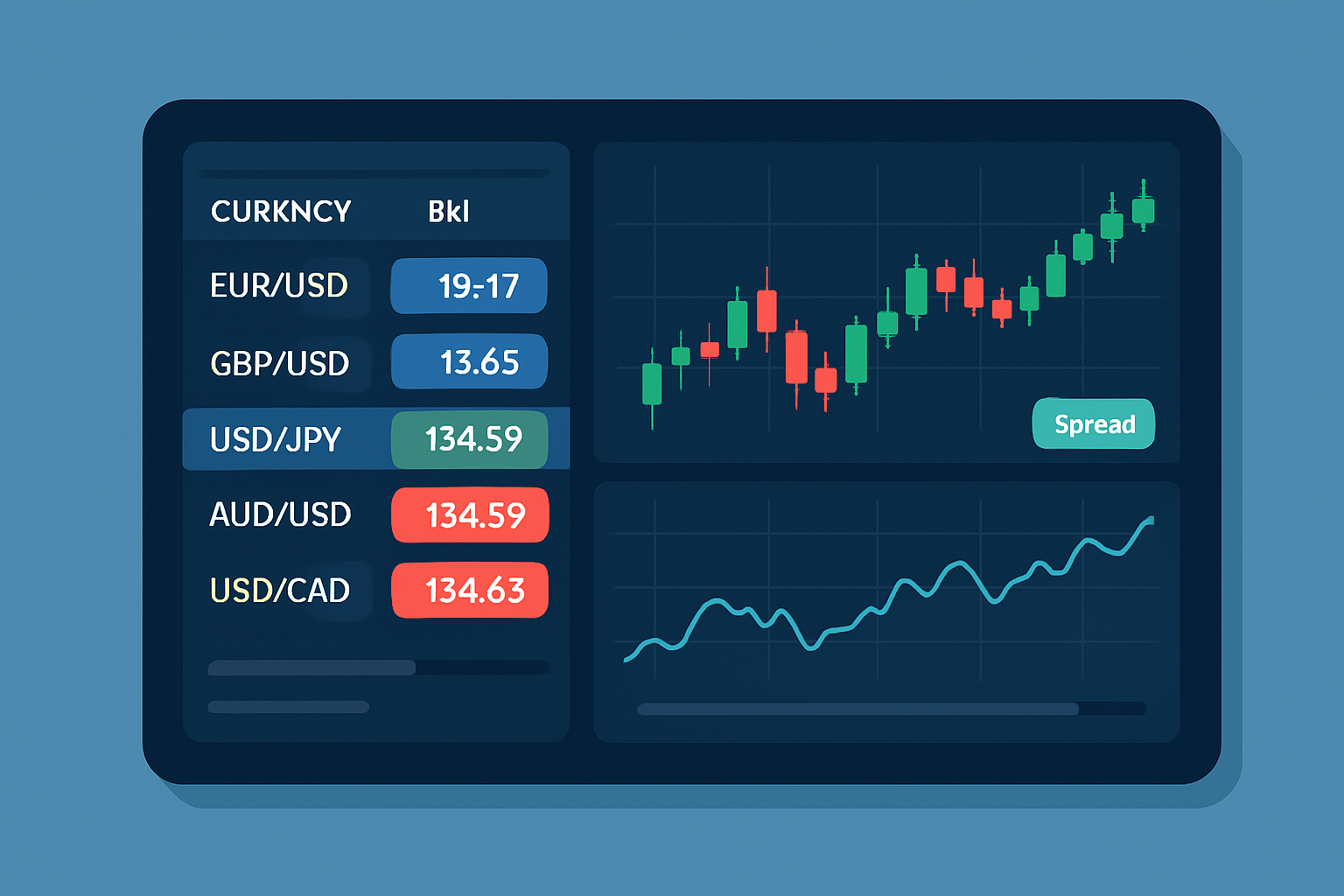 Forex trading platform interface displaying bid price, ask price, and spread in real time