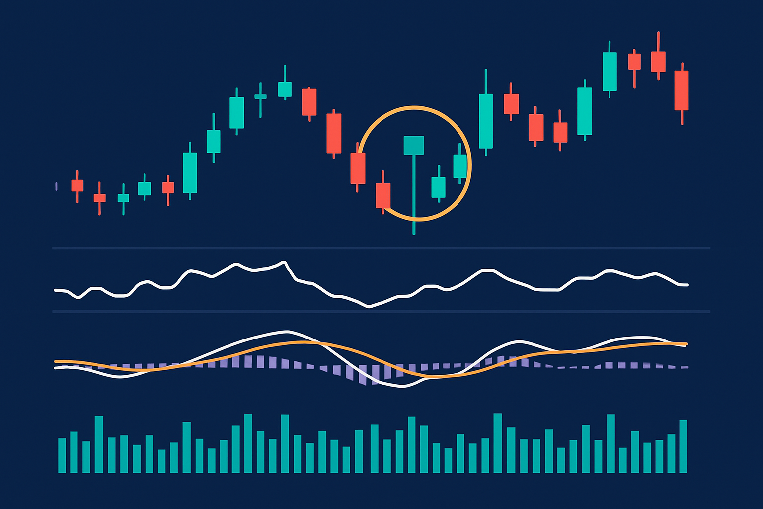 Example of hammer inverted candlestick pattern confirmed by RSI, MACD, and volume indicators
