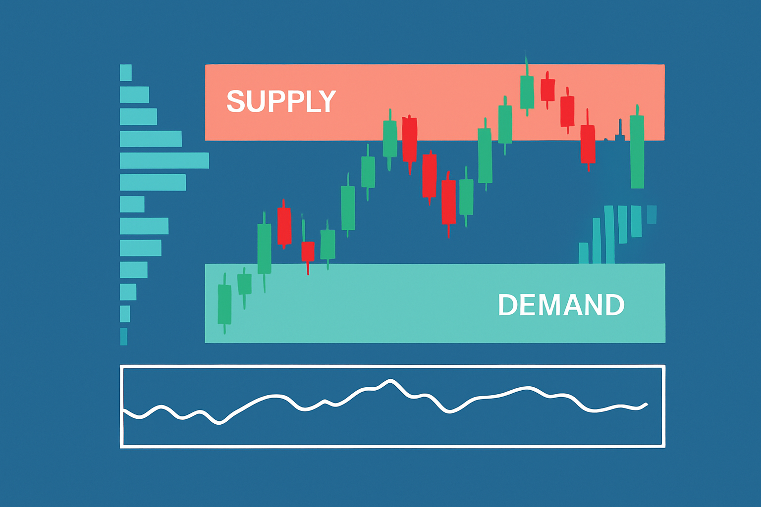 Example chart showing supply and demand zones with supporting RSI and volume indicators for enhanced trade setup validation.