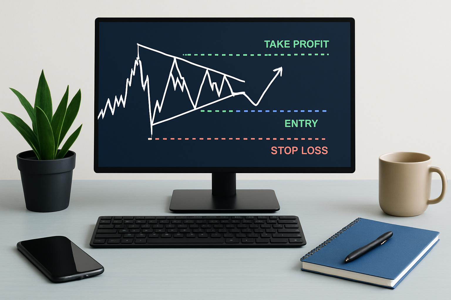 Chart displaying a pennant pattern with clear trade entry, stop loss, and profit target annotations