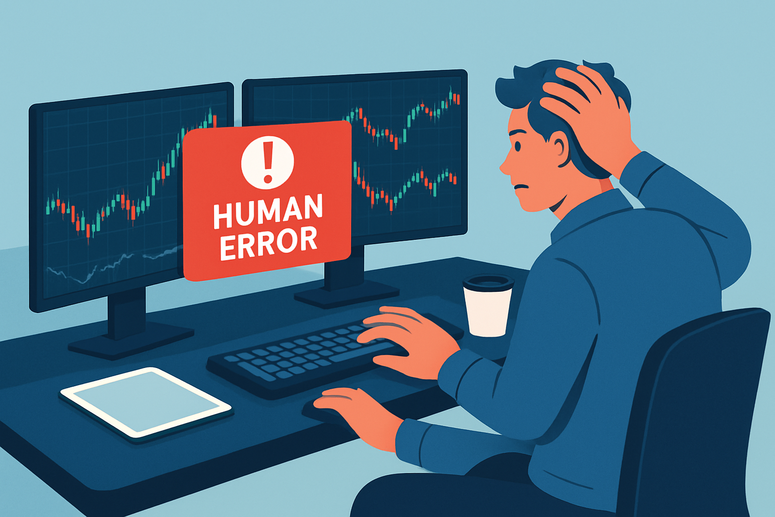Visual representation of a trader making a fat finger error amidst fast-paced market data displays.