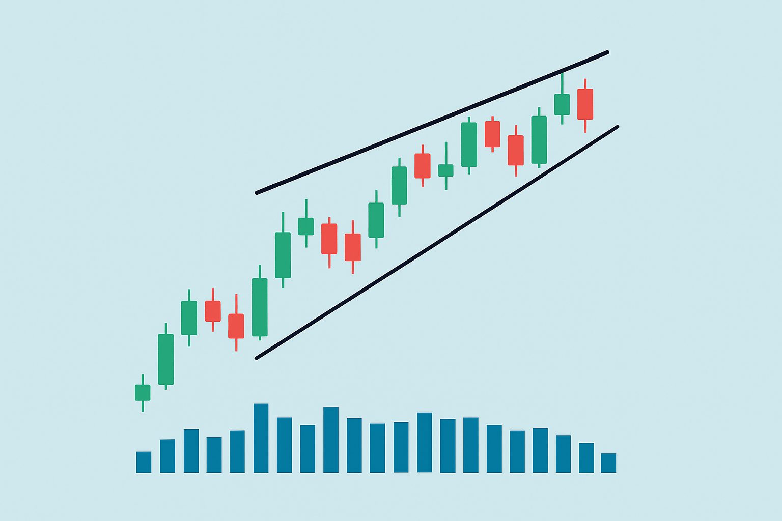 Multi-timeframe chart illustrating an ascending wedge pattern with trendlines and declining volume