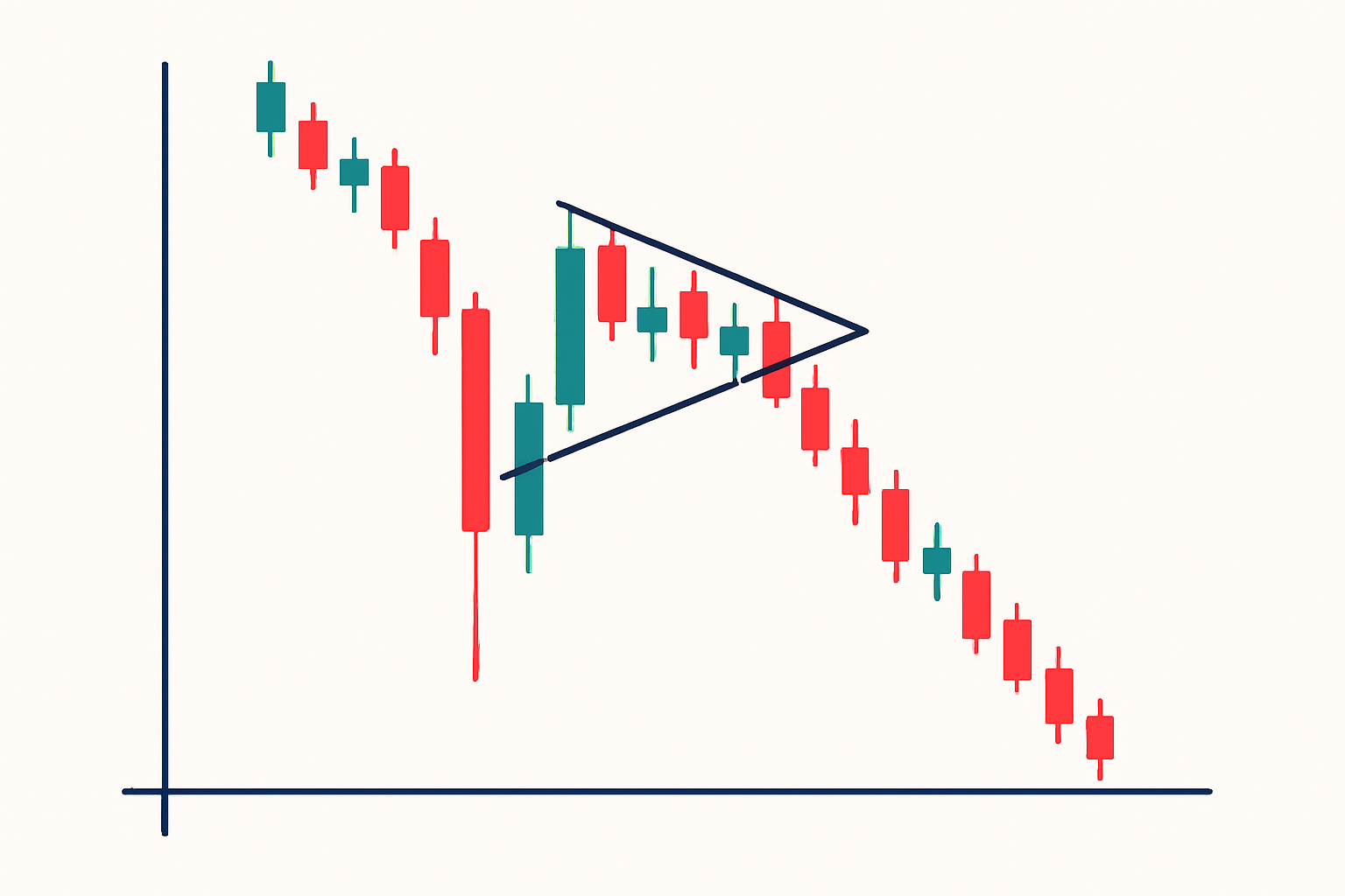 Example of a bearish pennant pattern on a stock price chart highlighting the flagpole, pennant consolidation, and subsequent breakout to the downside.