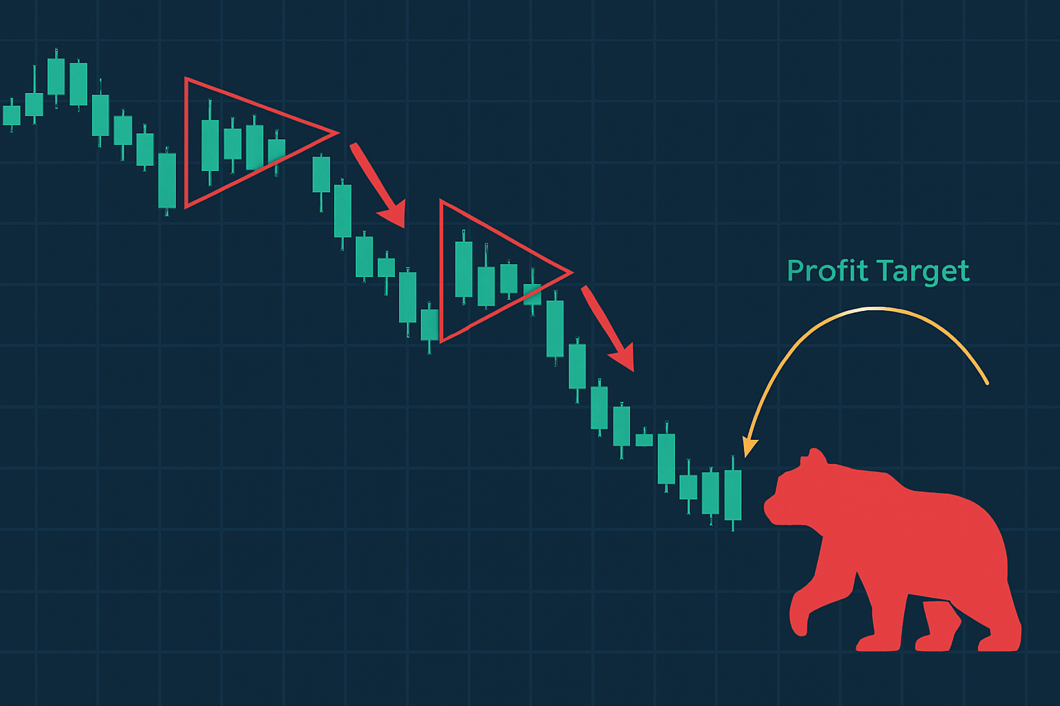 An illustrative chart showing multiple bearish pennant instances, breakout points, and achieved profit targets to demonstrate practical trading outcomes.