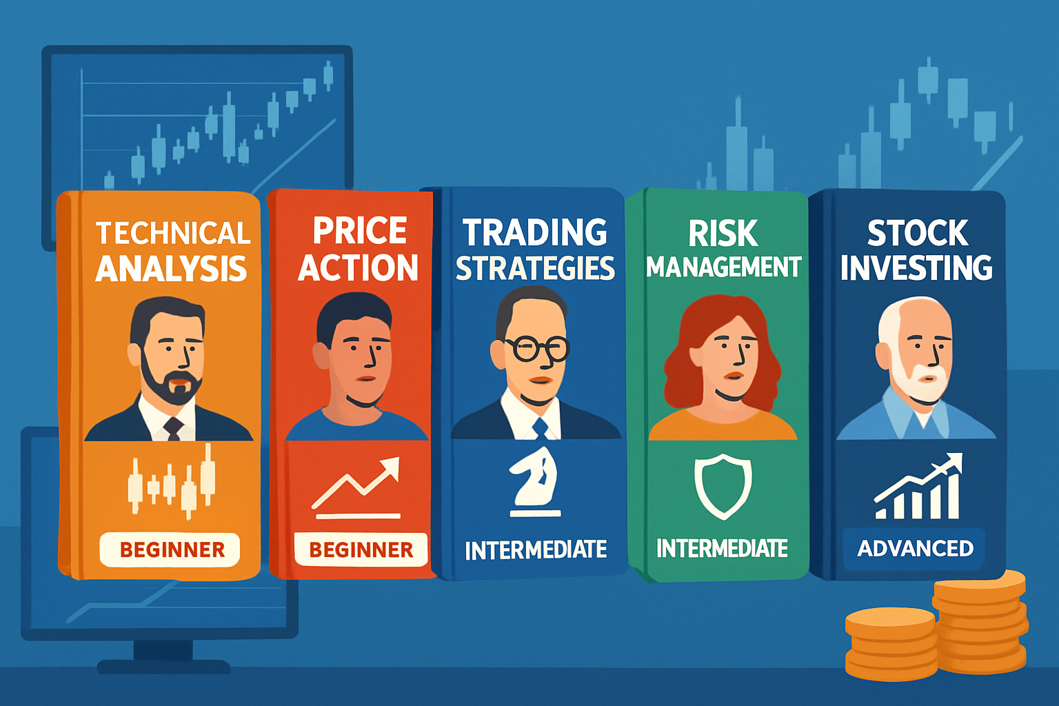 Visual infographic showing the top 5 recommended trading books with key themes and ideal trader experience levels