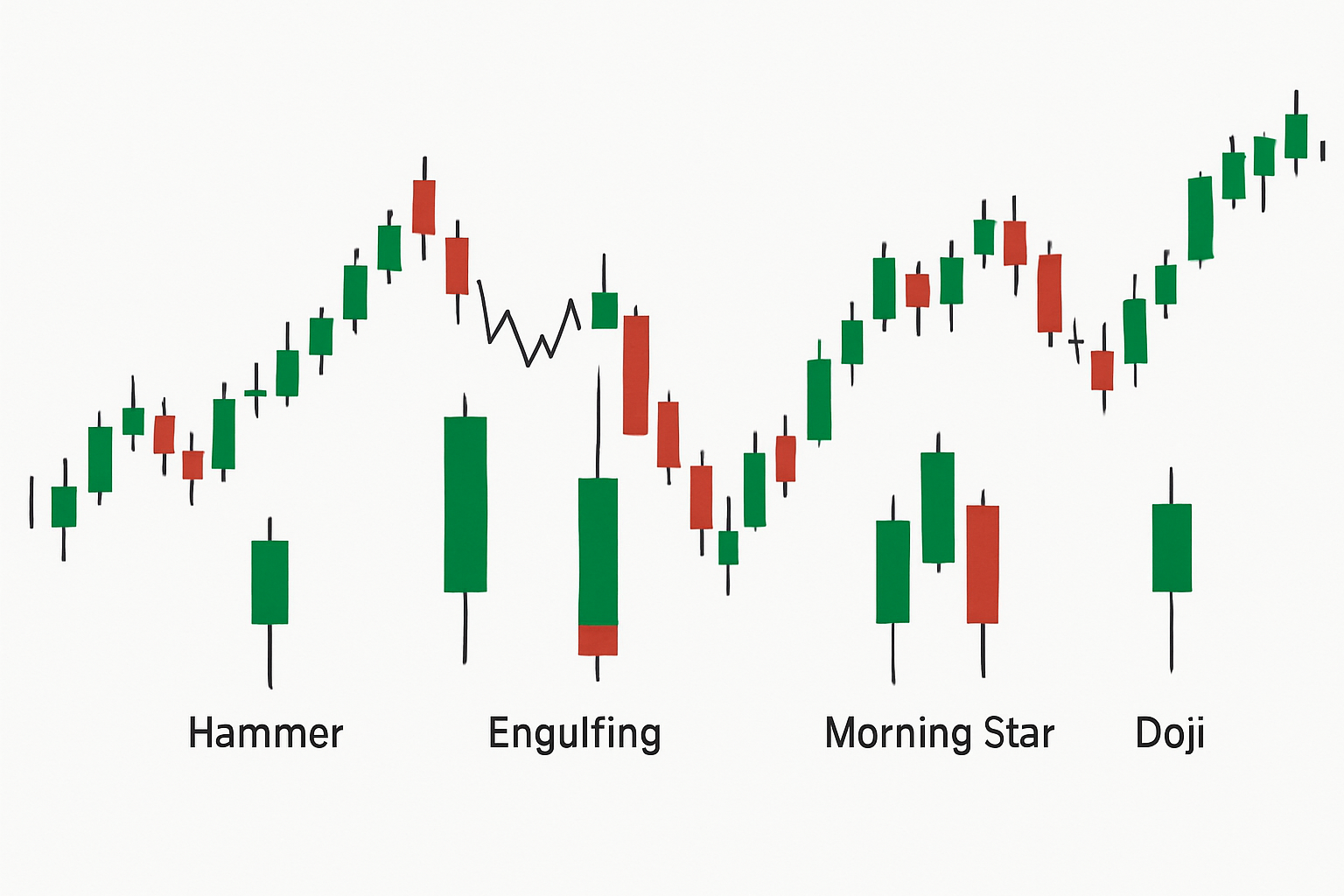 Visual examples of key reversal candle patterns with labels highlighting pattern characteristics