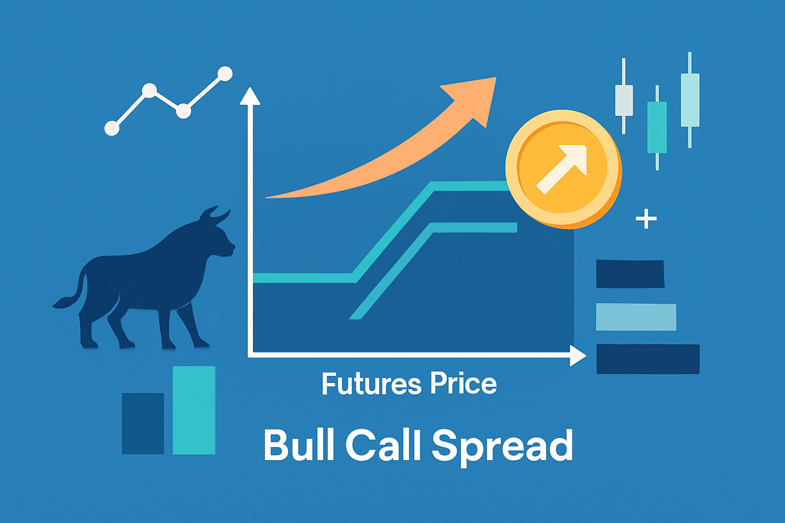 Diagram showing components and profit/loss zones of a bull call spread trading strategy on options on futures
