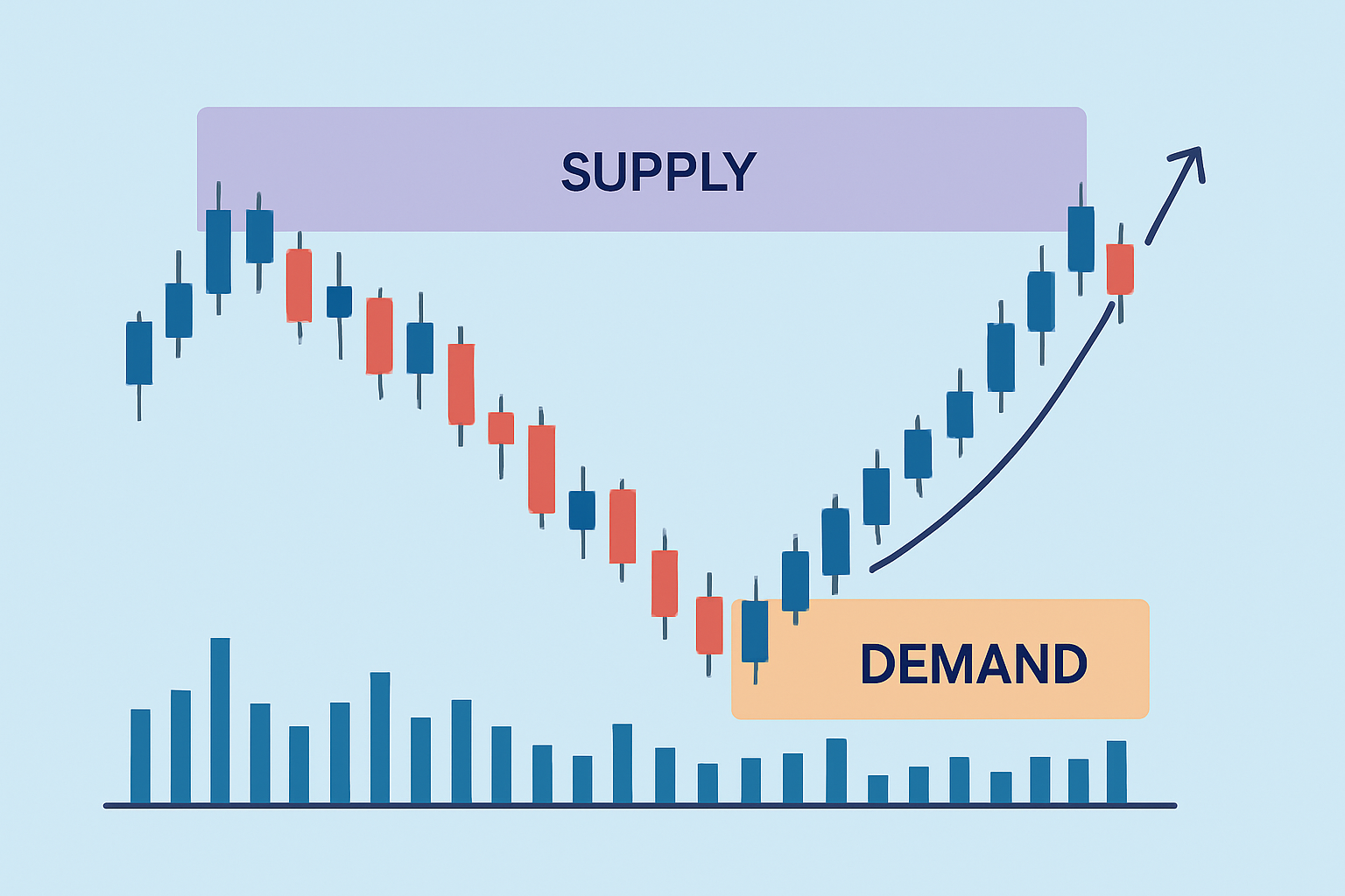Example chart showing how supply and demand zones can be identified on multiple timeframes with volume analysis.
