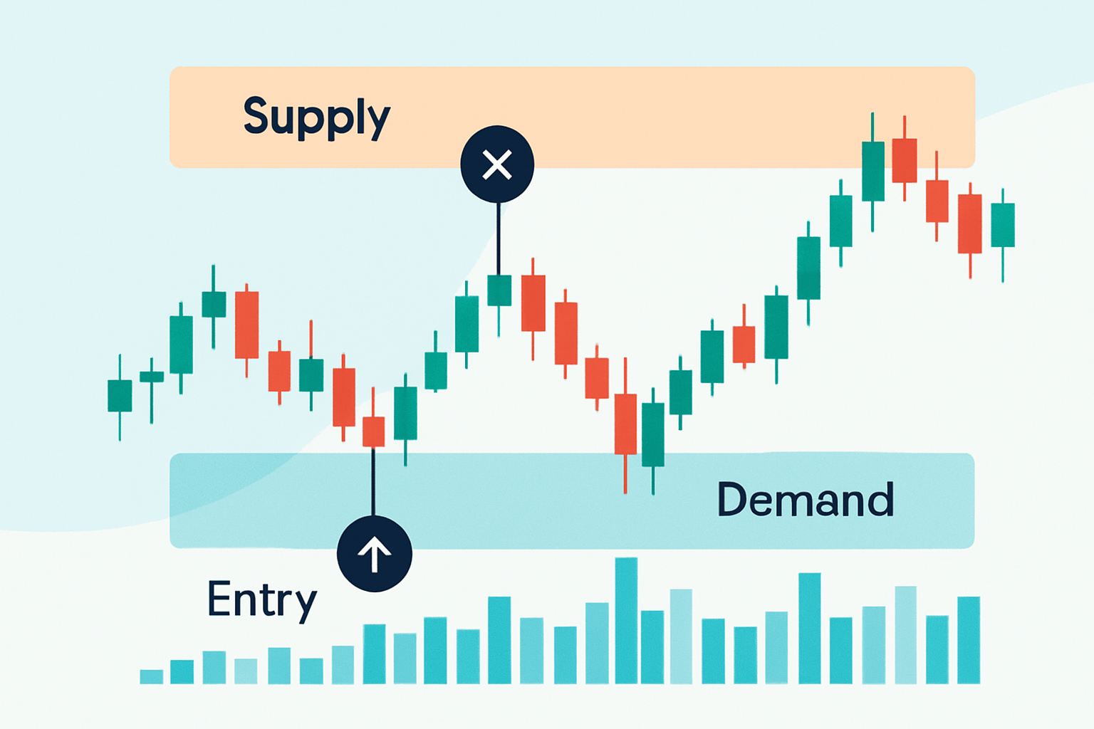 Illustration of an options trade execution based on supply and demand zone identification with clear entry and exit markers.